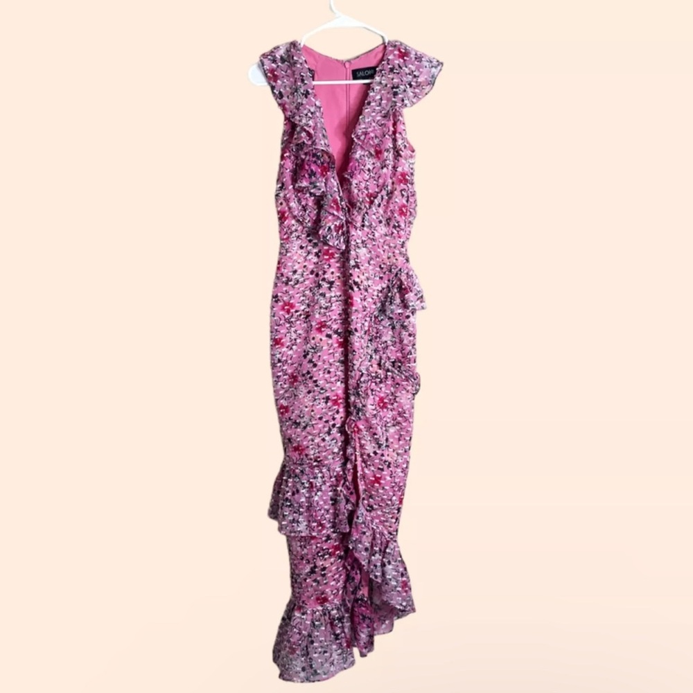 Saloni Pink Floral Silk Ruffle Maxi Dress size US 2